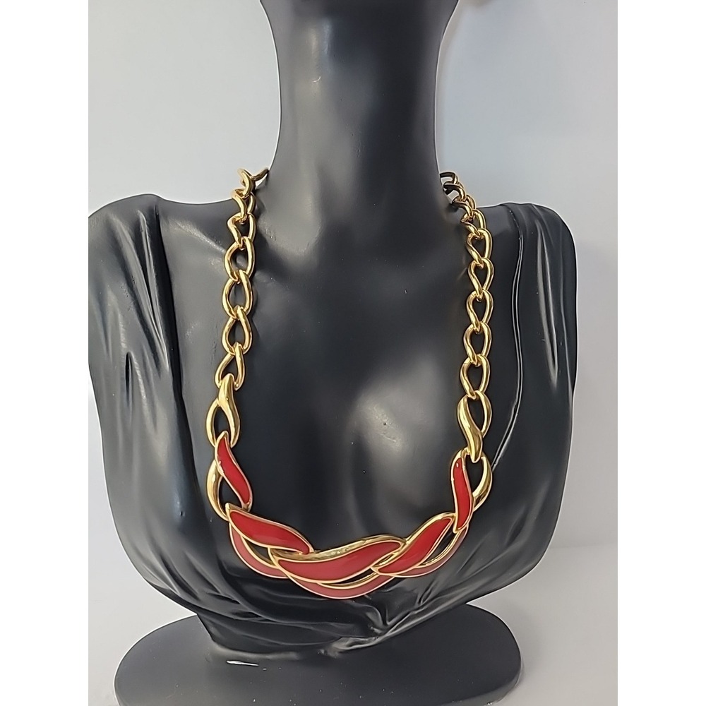 Vintage Napier Gold Tone Red Enamel Chunky Link Statement Necklace Jewelry - Picture 4 of 15